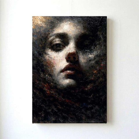 A vertical canvas painting of a woman's face rendered in dark, textured impasto brushstrokes, hanging on a plain white wall.