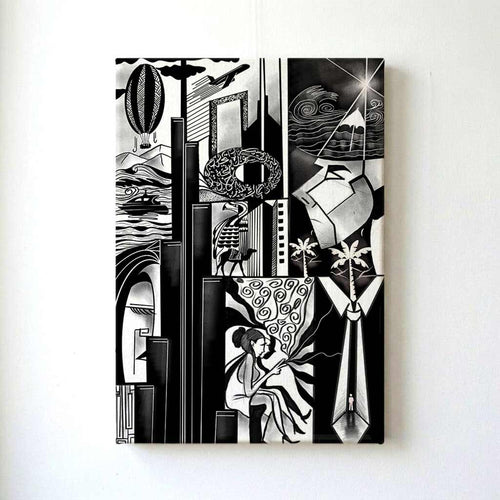 Black and white abstract art piece on a white wall