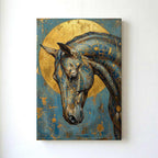 Decorative wall art of a horse's head with gold and blue patterns on a white background