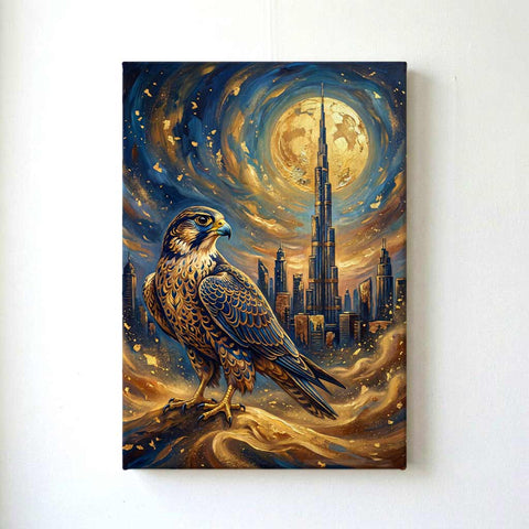 A vertical canvas wall art print featuring a detailed digital illustration of a falcon perched in front of a futuristic city skyline and a large glowing moon, shown hanging on a plain white wall.