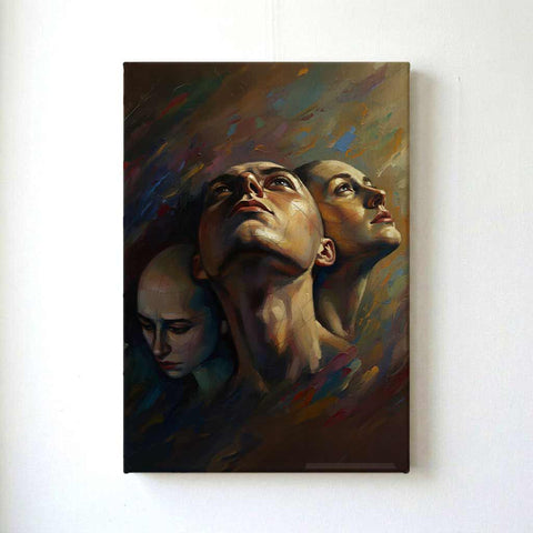 An oil painting on canvas depicting three stylized human heads looking upward, mounted on a plain white wall.