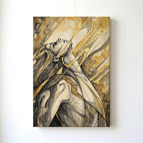 A vertical canvas wall art print featuring an abstract, stylized portrait of a woman in profile with flowing hair and gold-toned lines, displayed against a plain white wall.