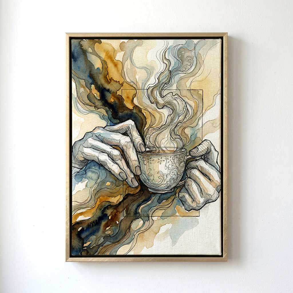 A framed art print featuring a surreal illustration of skeletal hands holding a steaming cup, with flowing smoke and abstract marbled lines in beige, brown, blue, and black tones, displayed on a white wall.