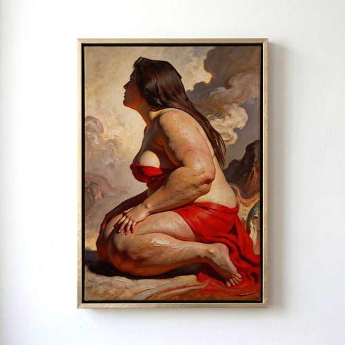 Framed painting of a woman in a red garment on a white wall