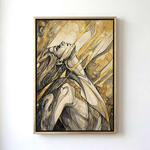 Abstract artwork with flowing lines and a neutral color palette on a white wall.