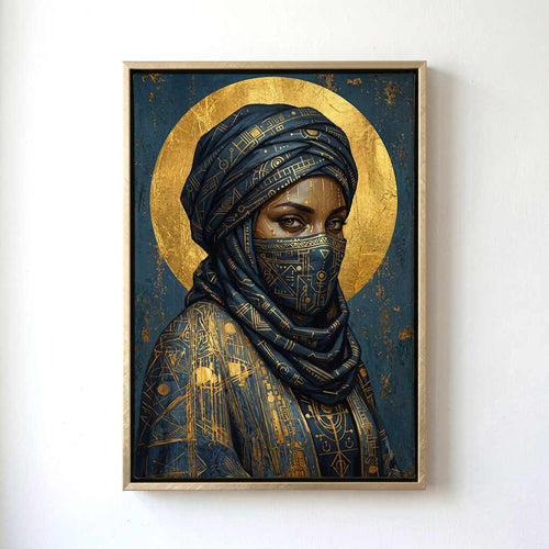 Framed artwork of a person wearing a patterned headscarf and face covering on a white wall.