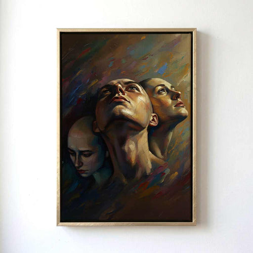 A framed vertical painting on a white wall, depicting three stylized human faces in dark, painterly tones with blue, gold, brown, and beige brushstrokes.