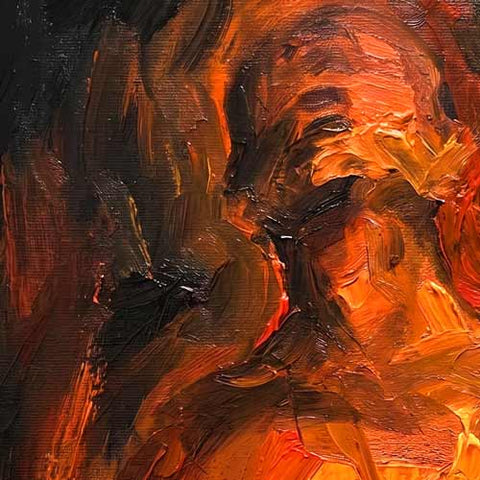 An abstract oil painting featuring a stylized face rendered with thick impasto brushstrokes in warm orange, red, brown, and black tones.