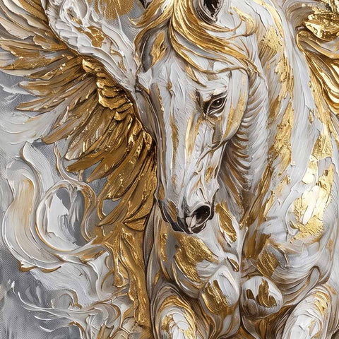 Close-up of a stylized white horse head with dramatic metallic gold brushstrokes and swirling white and gold paint textures filling the frame.
