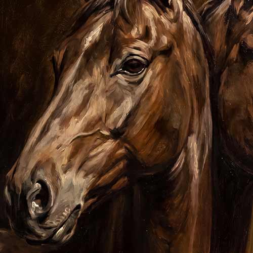 An oil painting close-up of a brown horse's head and neck, rendered with expressive brushstrokes in warm browns, beige highlights, and dark shadowed areas.