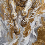 Abstract fluid art painting with thick textured swirls of metallic gold, white, and gray paint.