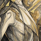Artistic depiction of abstract shapes with gold and black accents