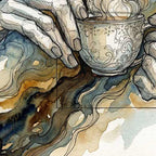 Artistic illustration of hands holding a steaming cup with a watercolor background