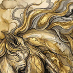 Artistic depiction of a horse's head with flowing hair in gold and black.