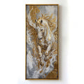A framed vertical canvas painting of a white horse with flowing gold and silver brushstrokes, displayed on a plain white wall.