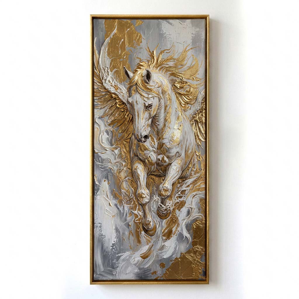 A framed vertical canvas painting of a white horse with flowing gold and silver brushstrokes, displayed on a plain white wall.