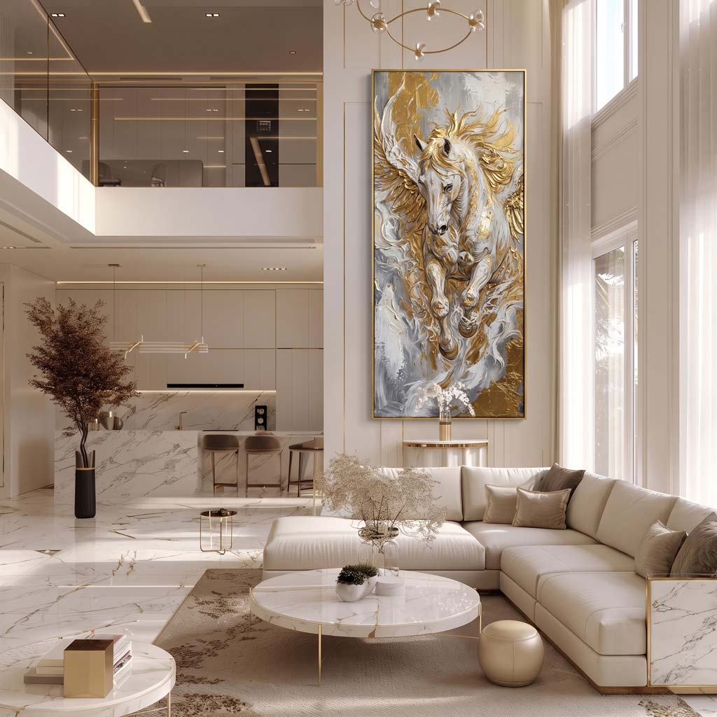 A large vertical wall art piece featuring a white horse with flowing gold and gray brushstrokes, displayed in a bright, modern living room above a cream sectional sofa.
