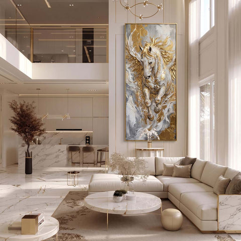 A large vertical wall art piece featuring a white horse with flowing gold and gray brushstrokes, displayed in a bright, modern living room above a cream sectional sofa.