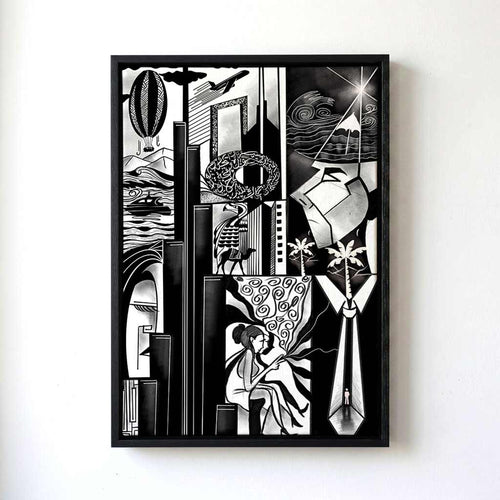 Framed black and white abstract art piece on a white wall