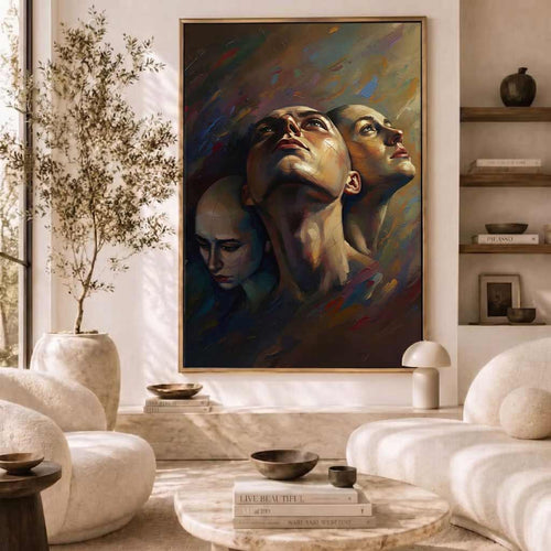 A large framed canvas painting of three abstract faces looking upward, displayed on a wall in a modern, sunlit living room with cream-colored furniture and decor.